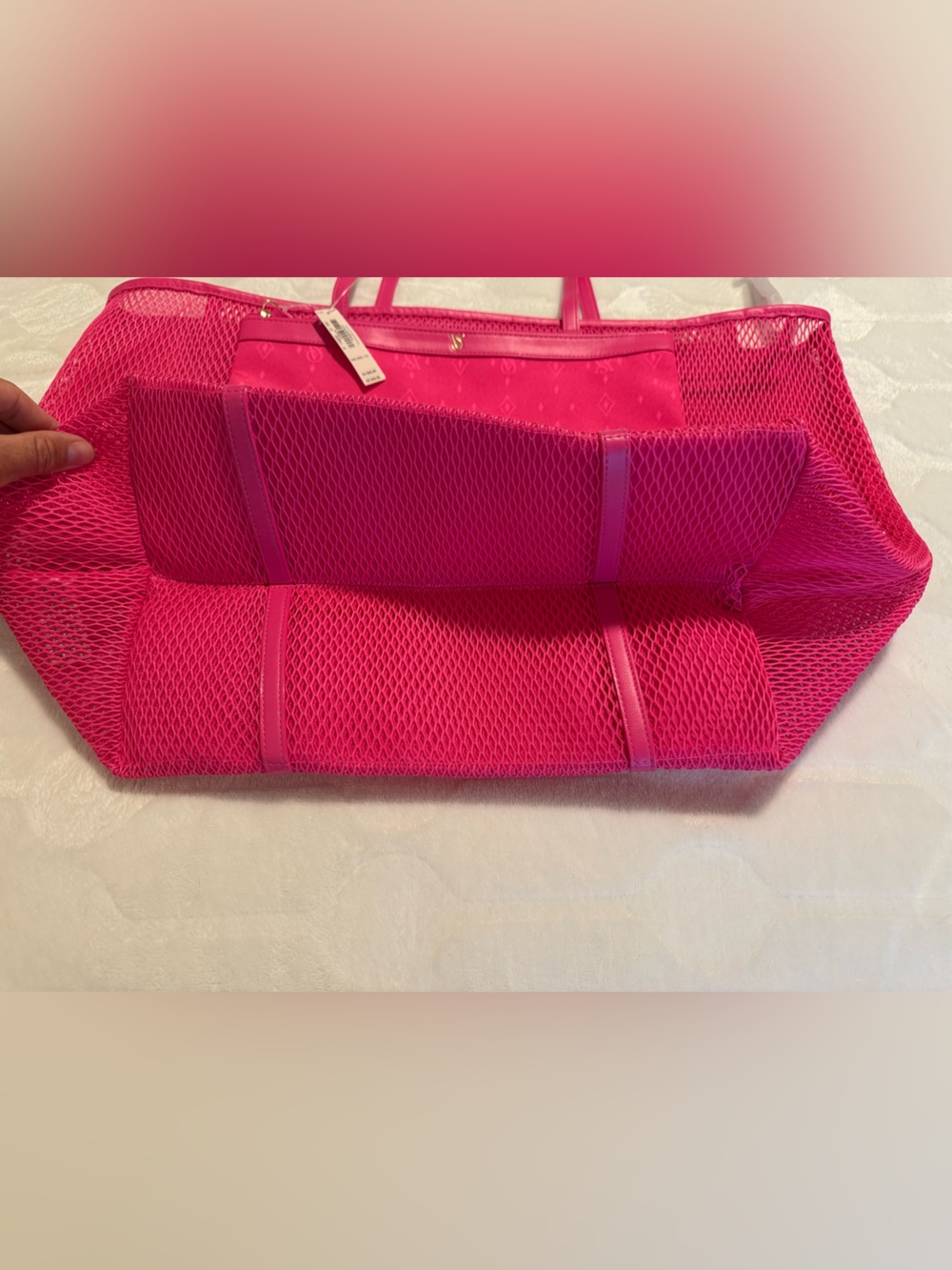 Victoria’s Secret Mesh Tote Hot Pink Tote Shopper Weekender Beach Pool Bag - Picture 8 of 10